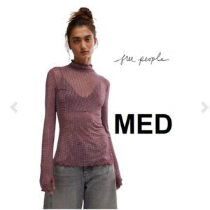 Free People Dance All Night Crystal Embellished Sheer Long Sleeve Top Mauvw M